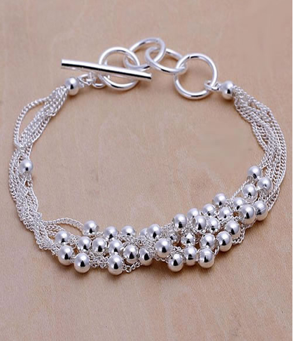 925 STERLING SILVER PLATED MULTI METAL BEAD AND CHAIN TOGGLE BRACELET