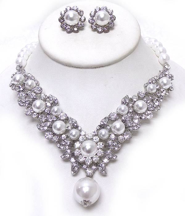 LUXURY CLASS VICTORIAN STYLE PEARL AND AUSTRIAN CRYSTAL  PARTY NECKLACE SET