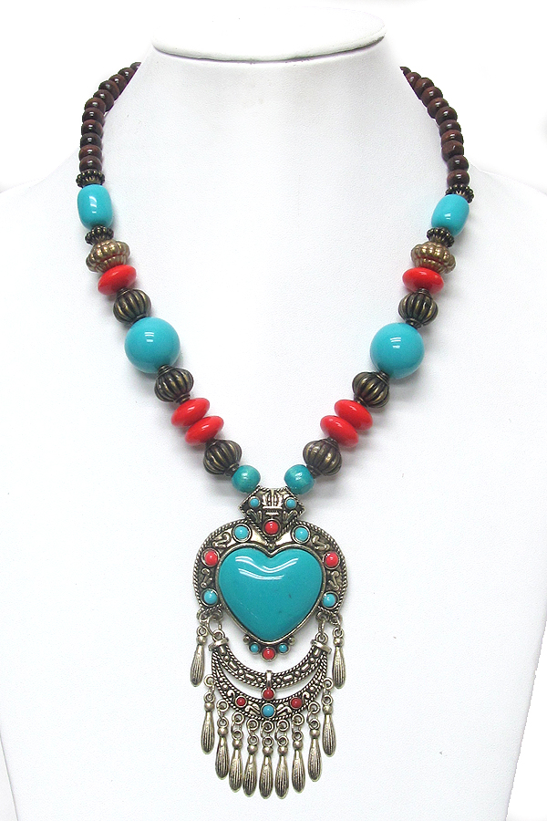 TIBETAN SILVER TEXTURE AND HEART TURQUOISE CHUNKY NECKLACE
