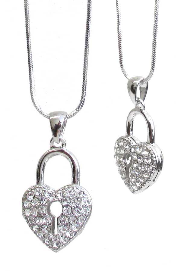 MADE IN KOREA WHITEGOLD PLATING CRYSTAL PUFFY HEART LOCK PENDANT NECKLACE