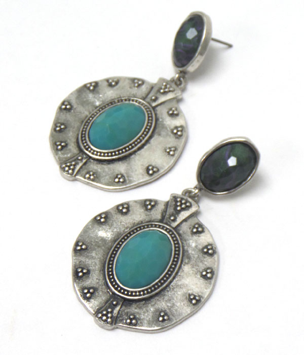LARGE BURNISH SILVER DISKS WITH STONE EARRINGS