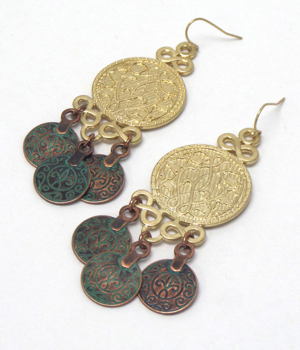 ANTIQUE THIN METAL BURNISH SILVER DISKS EARRINGS
