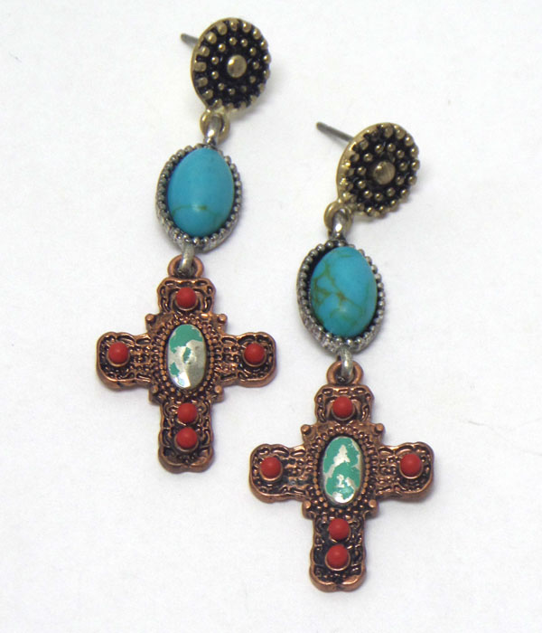 TURQUOISE STONE CROSS ANTIQUE COPPER EARRINGS