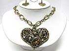 NATURAL STONE AND BEADS ART DECO METAL HEART PENDANT CHIP STONE NECKLACE EARRING SET