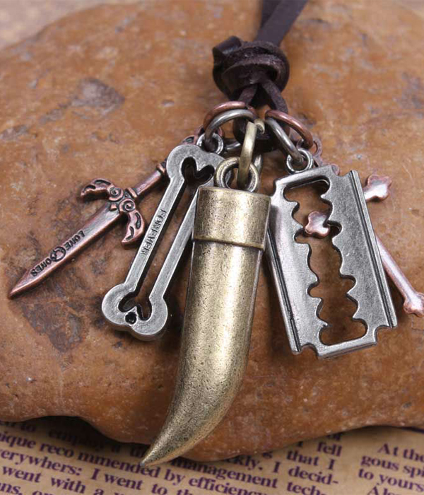 VINTAGE HORN AND SWORD PENDANT AND ADJUSTABLE LEATHER CHAIN NECKLACE