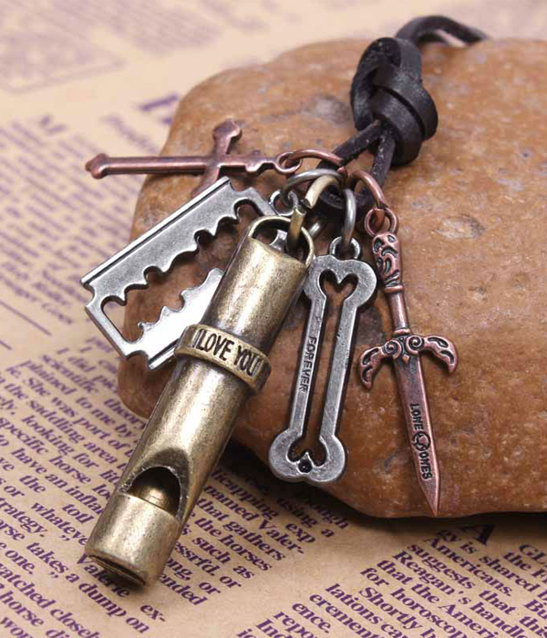 VINTAGE LOVER WHISTLE AND SWORD PENDANT AND ADJUSTABLE LEATHER CHAIN NECKLACE