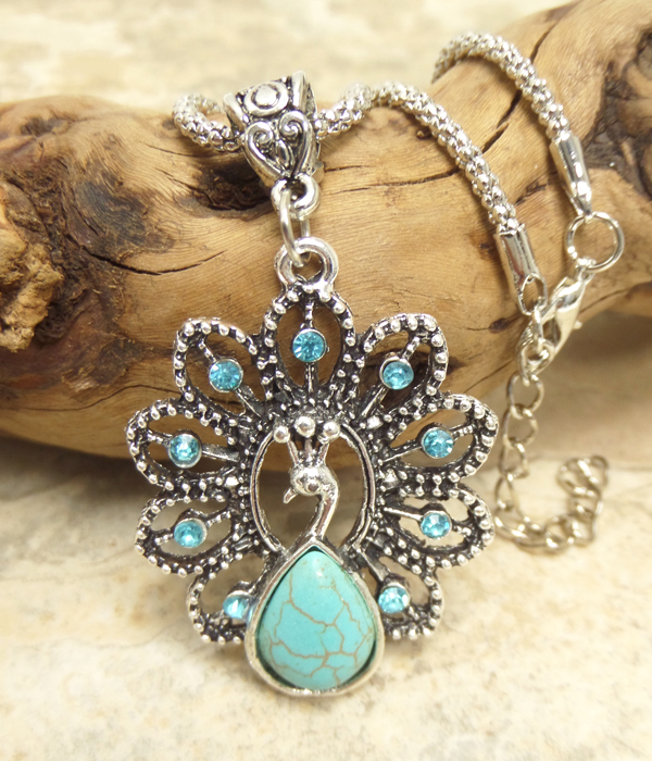 VINTAGE TIBET SILVER TURQUOISE AND CRYSTAL PEACOCK PENDANT NECKLACE
