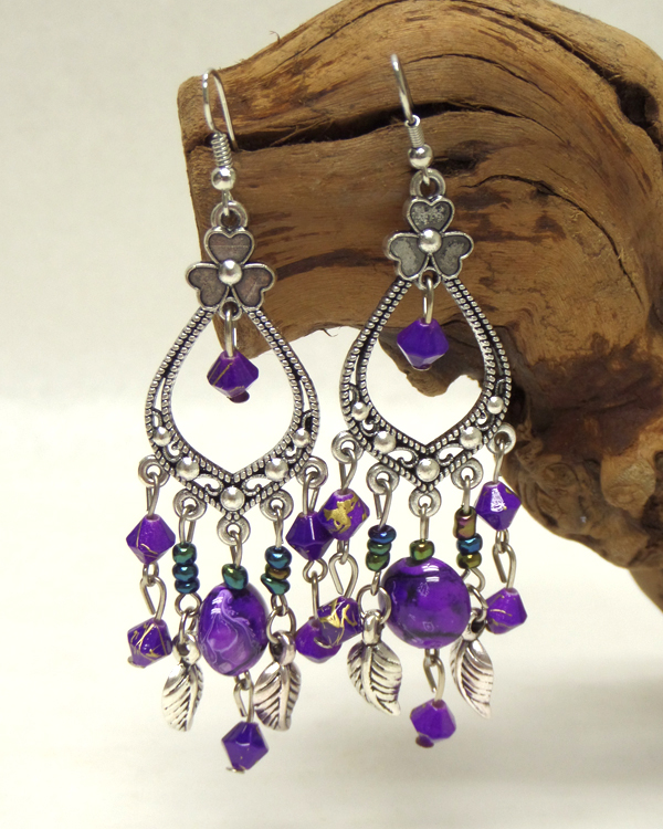 ANTIQUE SILVER BOHEMIAN FLOWER AND BEAD DROP EARRING
