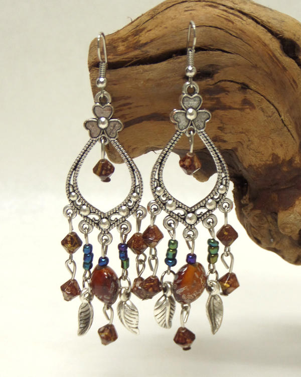 ANTIQUE SILVER BOHEMIAN FLOWER AND BEAD DROP EARRING