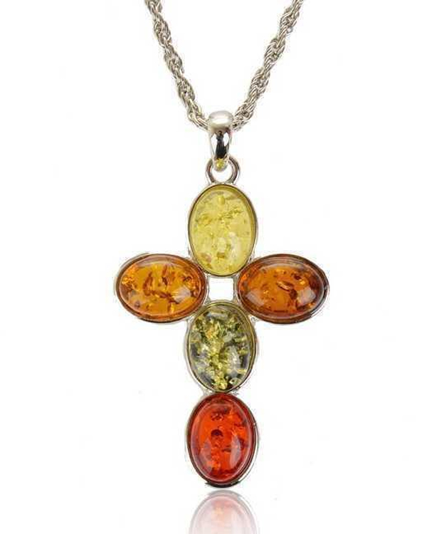 RESIN AMBER VINTAGE CROSS PENDANT NECKLACE