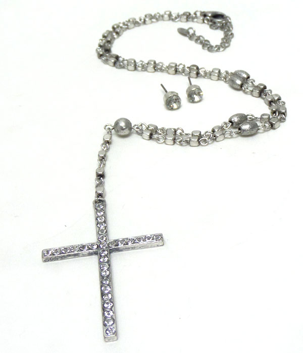 METAL BEADS CROSS ROSARY NECKLACE SET 