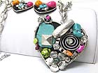 NATURAL CHIP STONE AND METAL CRAFT WORK HEART PENDANT LONG NECKLACE EARRING SET