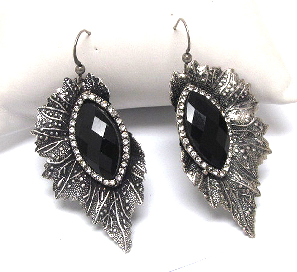 CRYSTAL AND FACET STONE METAL LEAF EARRING