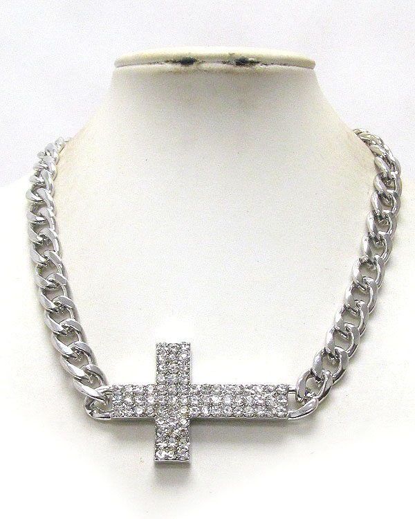 CRYSTAL CROSS THICK METAL CHAIN NECKLACE