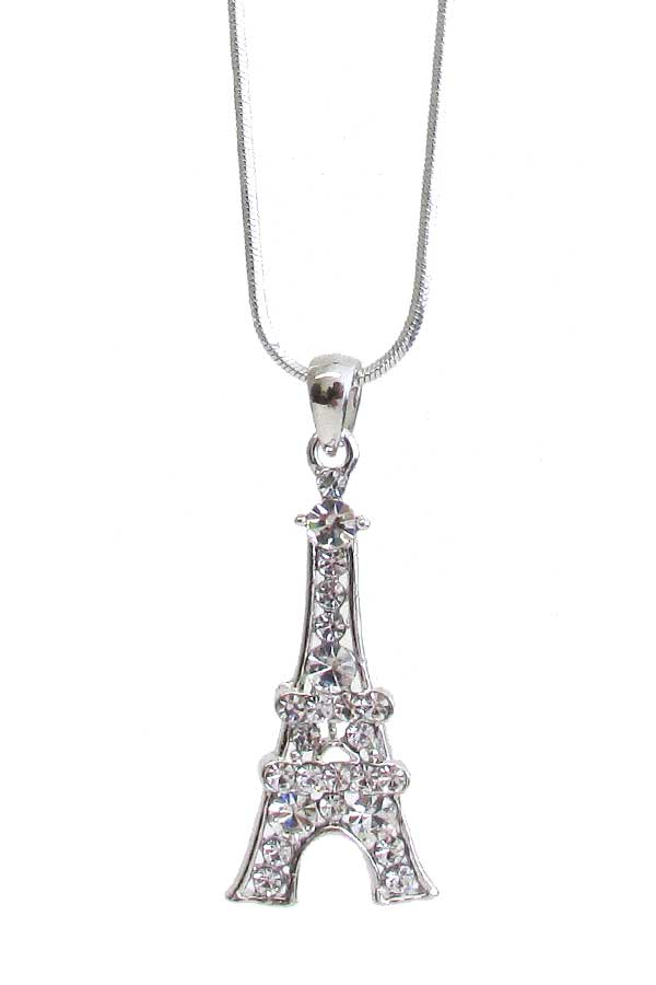 MADE IN KOREA WHITEGOLD PLATING CRYSTAL EIFFEL TOWER PENDANT NECKLACE
