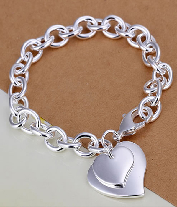 925 STERLING SILVER PLATED TIFFANY STYLE DOUBLE HEART CHARM BRACELET -valentine