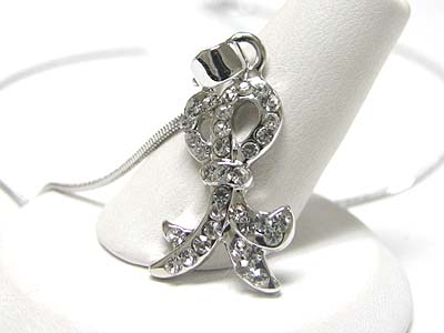 MADE IN KOREA WHITEGOLD PLATING CRYSTAL STUD DOUBLE BOW  PENDANT NECKLACE