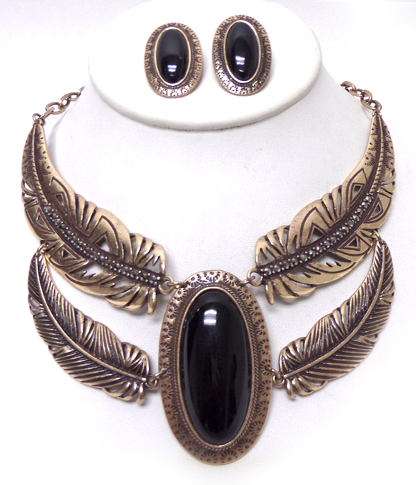 DOUBLE LAYER FEATHER STONE CENTER STATEMENT NECKLACE SET