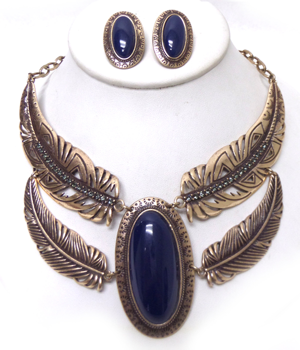 DOUBLE LAYER FEATHER STONE CENTER STATEMENT NECKLACE SET 