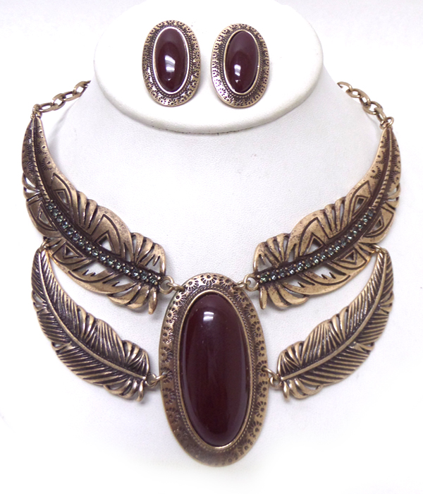 DOUBLE LAYER FEATHER STONE CENTER STATEMENT NECKLACE SET 