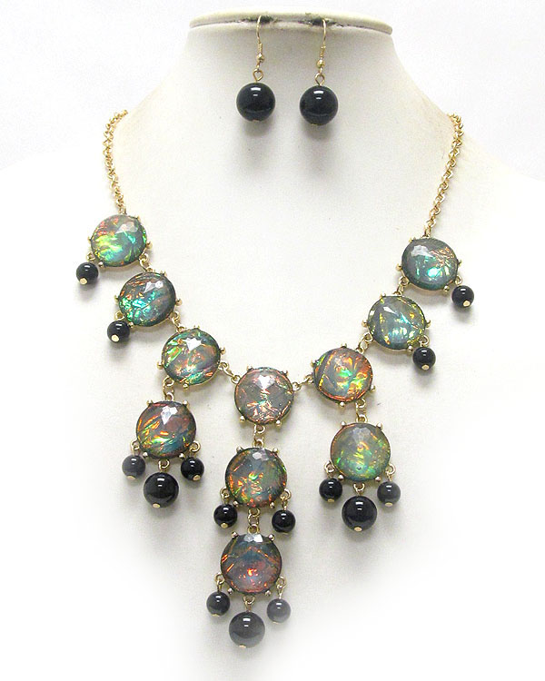 ABALONE FINISH FACET PUFFY ACRYLIC STONE LINK DROP BUBBLE NECKLACE EARRING SET