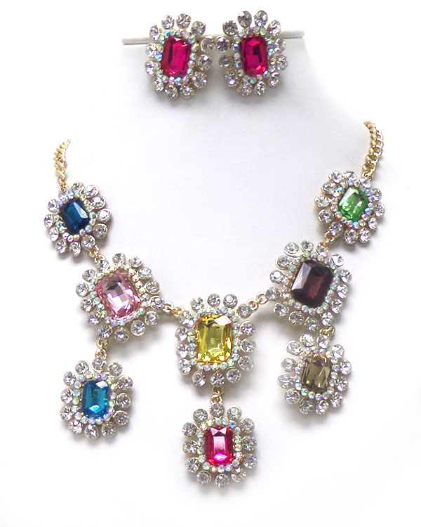 LUXURY AUSTRIAN CRYSTAL DECO AND FACET GLASS DROP PARTY NECKLACE EARRING SET