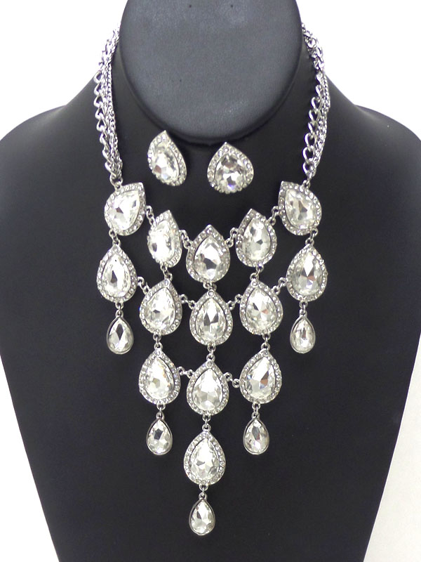 CRYSTAL AND MULTI FACET TEARDROP GLASS LINK DECO NECKLACE EARRING SET