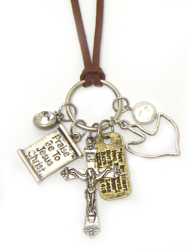RELIGIOUS THEME CROSS AND MESSAGE TAG MIX LONG LEATHERETTE CHAIN NECKLACE - PRAISE BE TO JESUS CHRIST