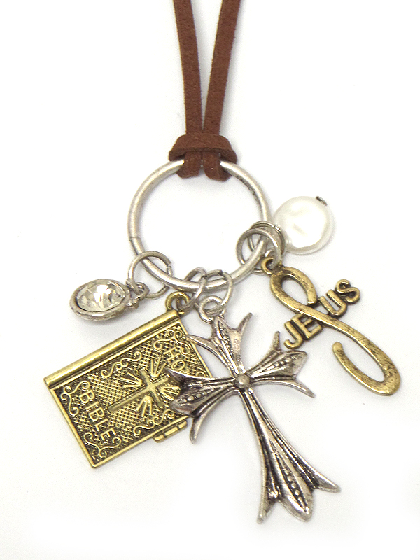 RELIGIOUS THEME CROSS AND BIBLE CHARM LONG LEATHERETTE CHAIN NECKLACE