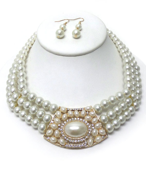 THREE LAYERS OF PEARLS WITH CASTING POINT NECKLACE SET
