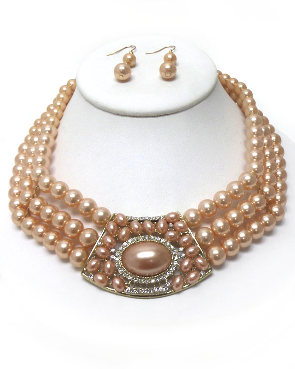 THREE LAYERS OF PEARLS WITH CASTING POINT NECKLACE SET
