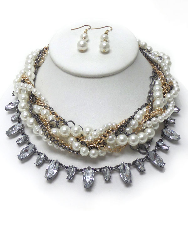 BRAIDED CHAIN AND PEARL WITH STONE NECKLACE SET