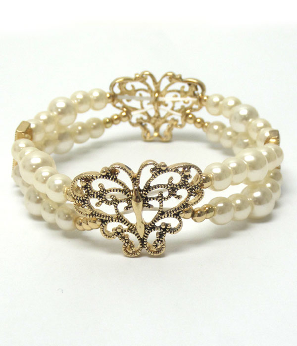 METAL FILIGREE BUTTERFLY AND DOUBLE STRETCH PEARL BRACELET