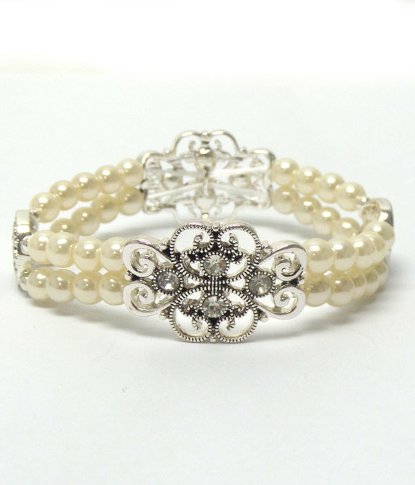 CRYSTAL AND METAL FILIGREE AND DOUBLE STRETCH PEARL BRACELET