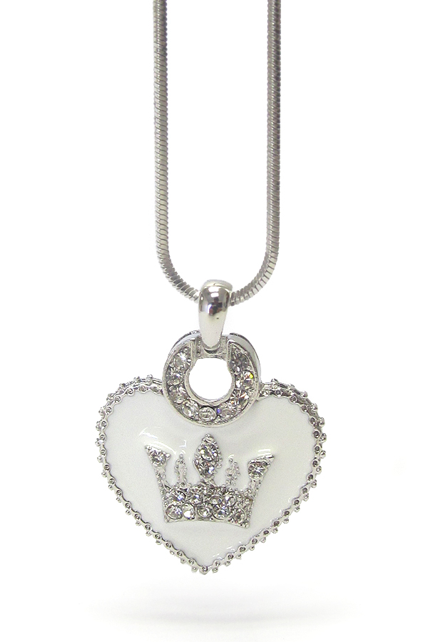 MADE IN KOREA WHITEGOLD PLATING CRYSTAL EPOXY CROWN HEART PENDANT NECKLACE