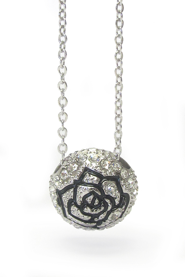MADE IN KOREA WHITEGOLD PLATING CRYSTAL PUFFY ROSE BALL PENDANT NECKLACE