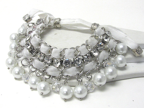 MULTI CRYSTAL AND PEARL DECO DOUBLE SUEDE CHAIN MAGNET BRACELET