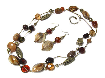 NATURAL STONE PATINA BEADS LONG NECKLACE AND EARRING SET