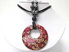FLOWER PRINT WOOD DONUT MEDALLION CORD NECKLACE EARRING SET