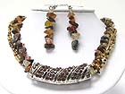 CRYSTAL STUD METAL BAR AND NATURAL CHIP STONE NECKLACE EARRING SET