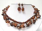 THREE ROW SEQA SHELL DISK AND FACET GLASS STONE LINK NECKLACE EARRING SET