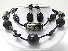 DOUBLE ROW WOOD BALL AND MIXED CERAMIC AND GLASS PART LINK NECKLACE EARRING SET