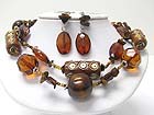 DOUBLE ROW WOOD BALL AND MIXED CERAMIC AND GLASS PART LINK NECKLACE EARRING SET