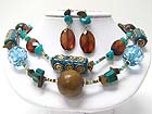 DOUBLE ROW WOOD BALL AND MIXED CERAMIC AND GLASS PART LINK NECKLACE EARRING SET