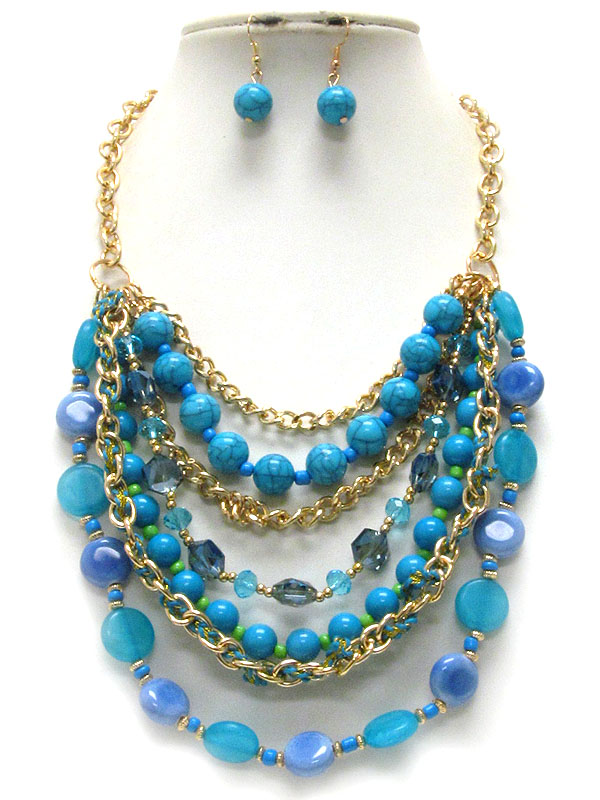 MULTI BEAD BALL AND CHAIN MIX LAYERED NECKLACE EARRING SET
