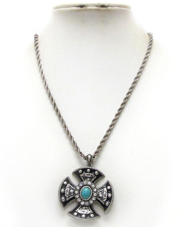 CRYSTAL AND TURQUOISE CENTER DECO PENDANT NECKLACE