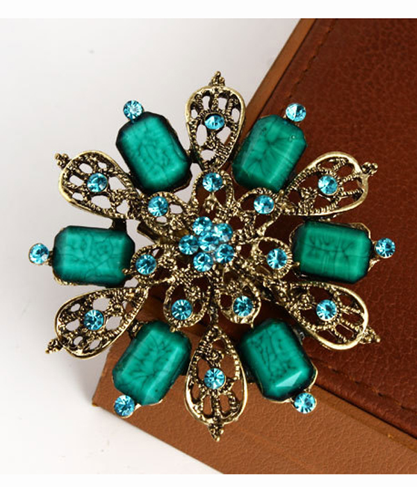 CRYSTAL AND TURQUOISE MIX FLOWER BROOCH OR PIN
