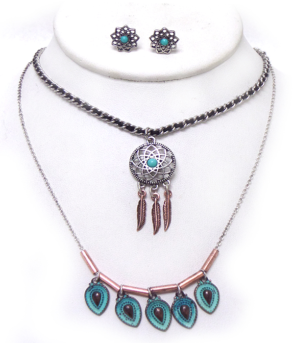 TWO LAYER MULTI CHAINS FEATHER LINKS NECKLACE SET