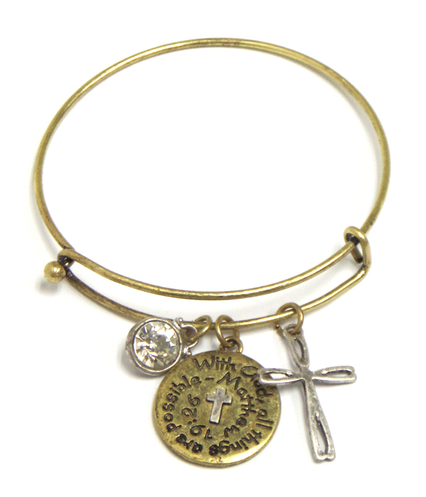 RELIGIOUS THEME CROSS AND MESSAGE DISK CHARM ADJUSTABLE WIRE BANGLE BRACELET - MATTHEW 19:26