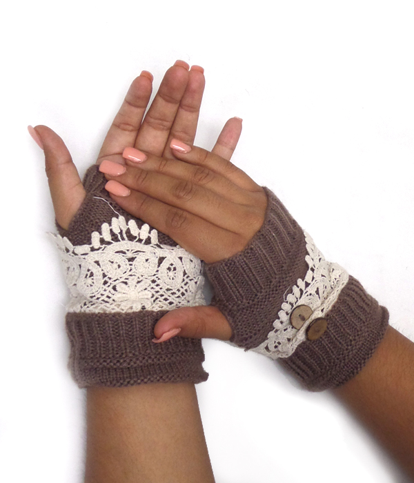 DOUBLE BUTTON AND LACE OPEN FINGER CROCHET GLOVES